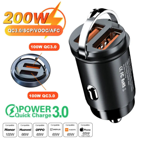 100W/200W QC3.0 PD Mini Car Charger 12-24V Lighter Fast Charging Car USB Type C Charger for Xiaomi Samsung Huawei iPhone Power - Image 2