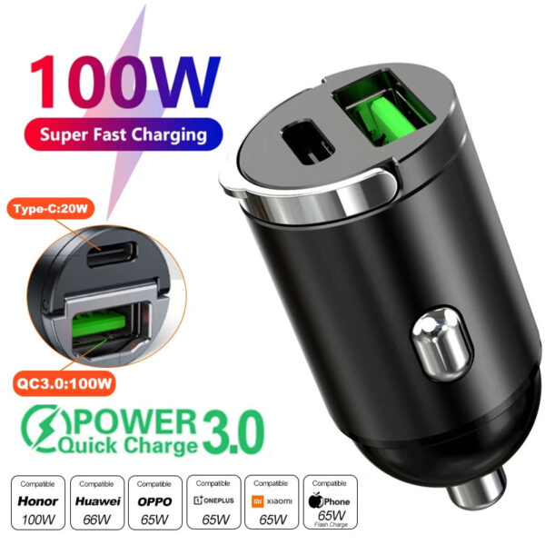 100W/200W QC3.0 PD Mini Car Charger 12-24V Lighter Fast Charging Car USB Type C Charger for Xiaomi Samsung Huawei iPhone Power - Image 9