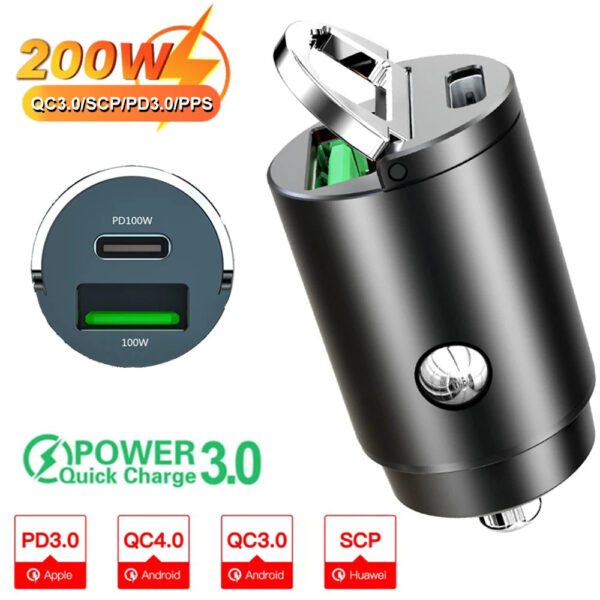 100W/200W QC3.0 PD Mini Car Charger 12-24V Lighter Fast Charging Car USB Type C Charger for Xiaomi Samsung Huawei iPhone Power - Image 10